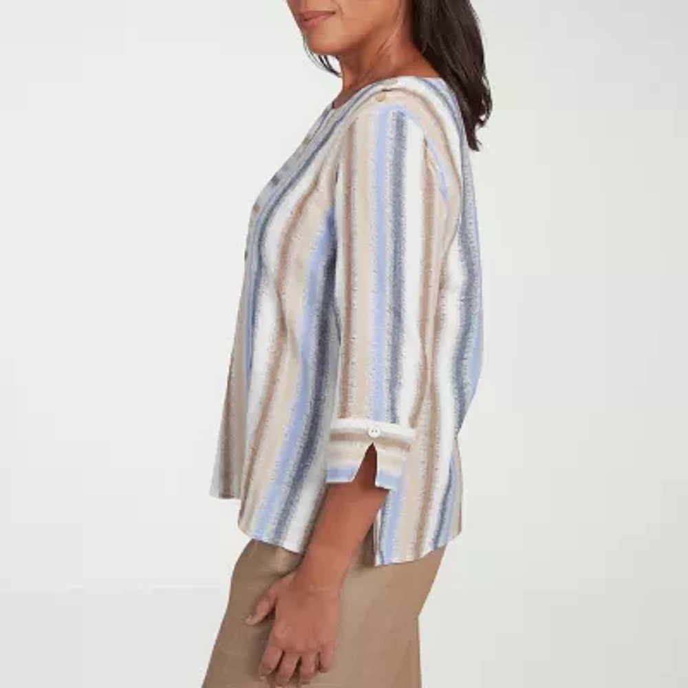 Alfred Dunner Summer Solstice Womens Crew Neck 3/4 Sleeve Button-Down Shirt