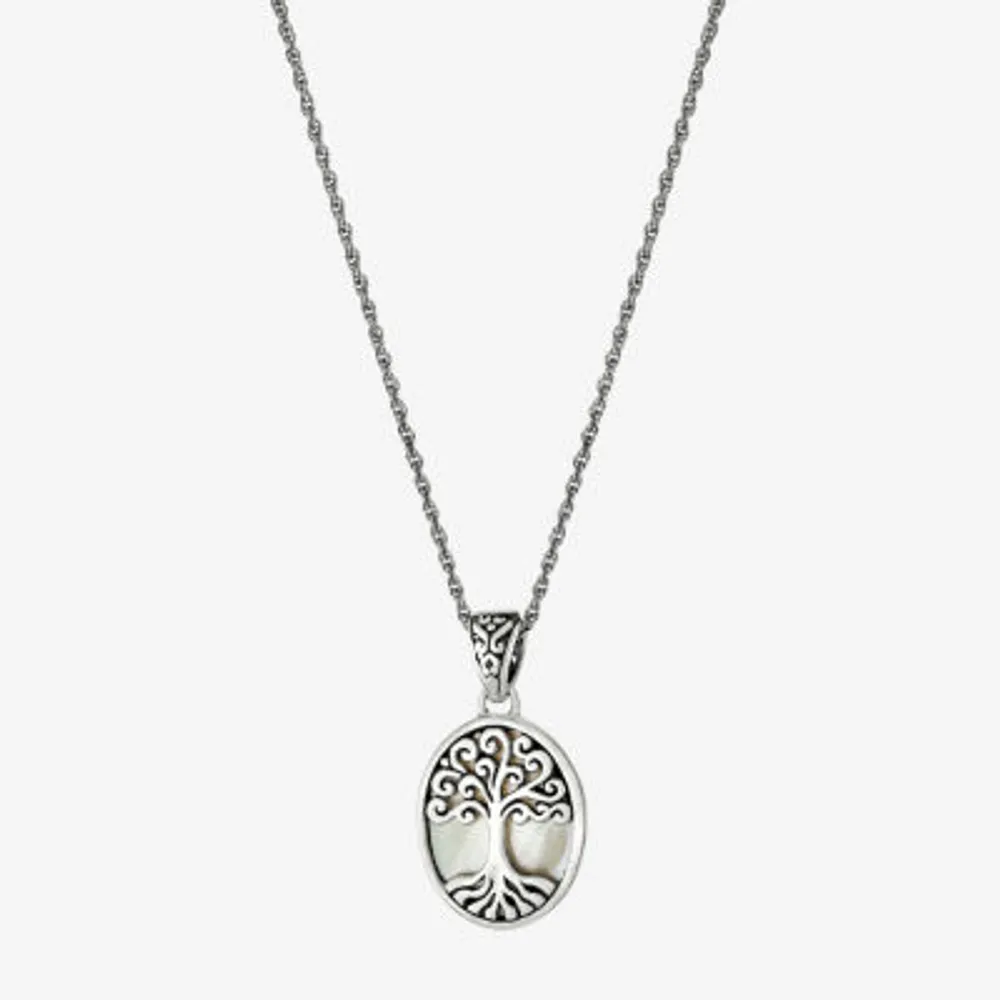 Tree Of Life Womens White Mother Of Pearl Sterling Silver 16 Inch Pendant Necklace