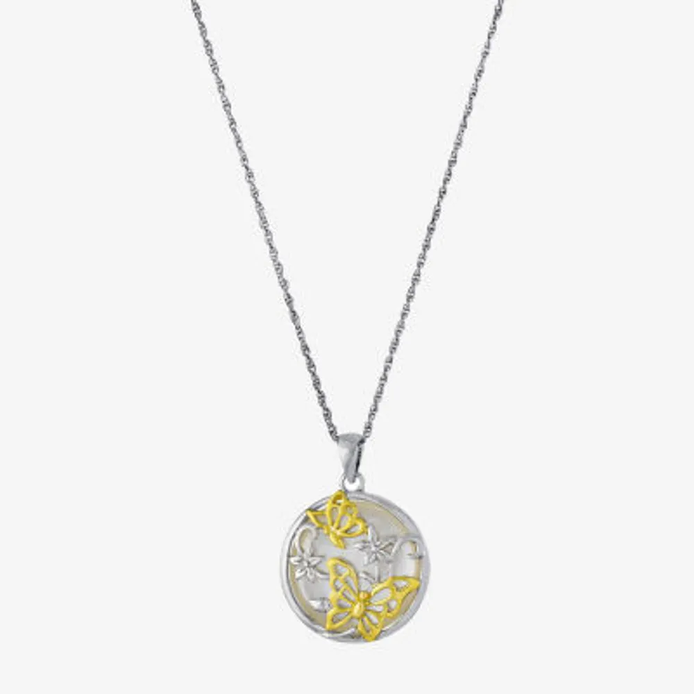Womens White Mother Of Pearl 14K Two Tone Gold Over Silver Butterfly 18 Inch Pendant Necklace