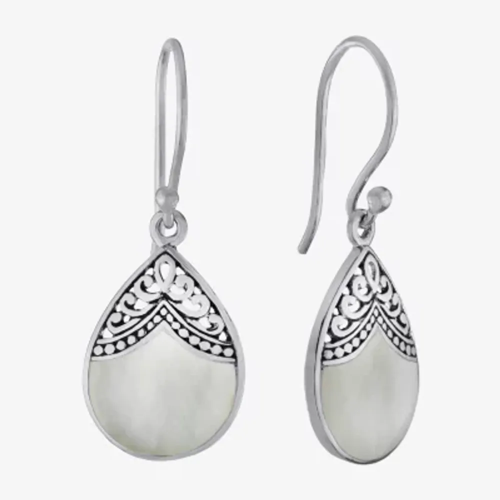 Bali Inspired Womens Genuine White Mother Of Pearl Sterling Silver Drop Earrings