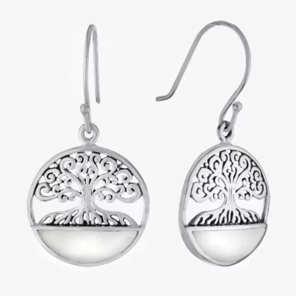Tree Of Life Womens Genuine White Mother Of Pearl Sterling Silver Round Drop Earrings