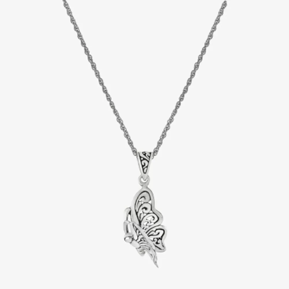 Bali Inspired Womens Sterling Silver Butterfly 16 Inch Pendant Necklace