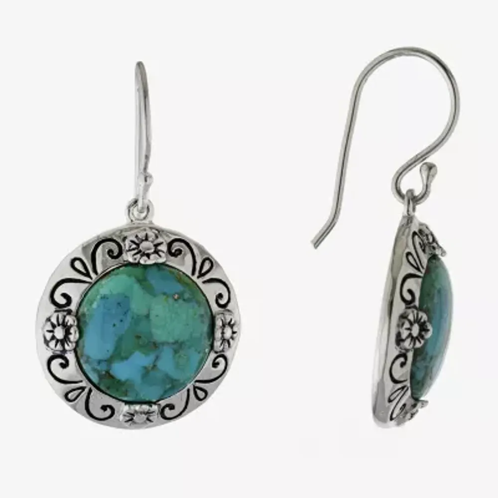 Womens Enhanced Blue Turquoise Sterling Silver Round Drop Earrings