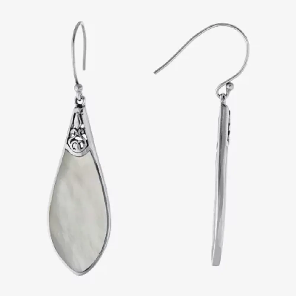 Bali Inspired Womens White Mother Of Pearl Sterling Silver Drop Earrings