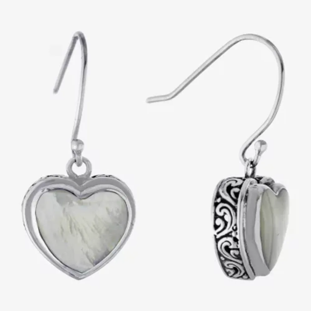Bali Inspired Womens White Mother Of Pearl Sterling Silver Heart Drop Earrings