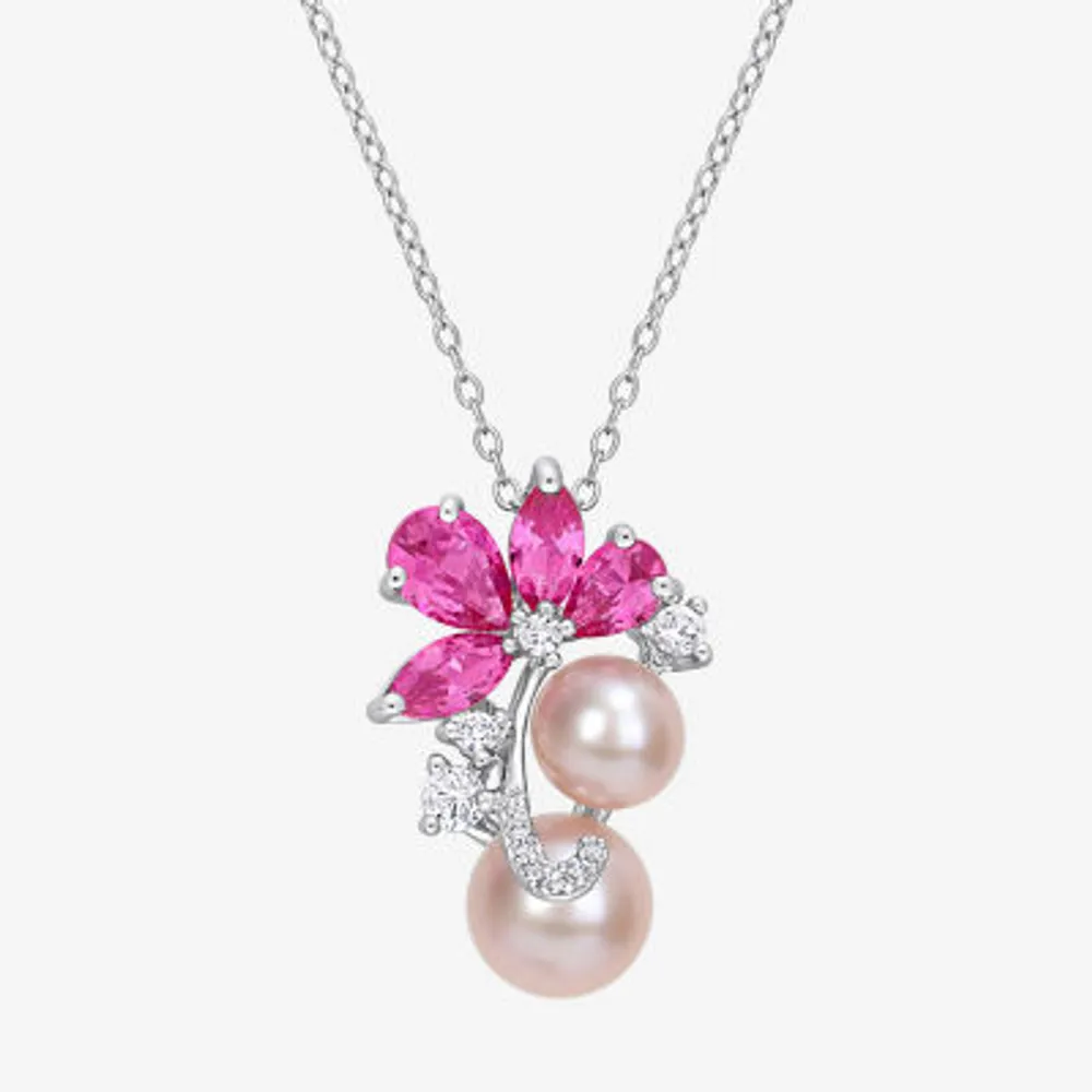 Womens Pink Cultured Freshwater Pearl Sterling Silver Flower 18 Inch Pendant Necklace