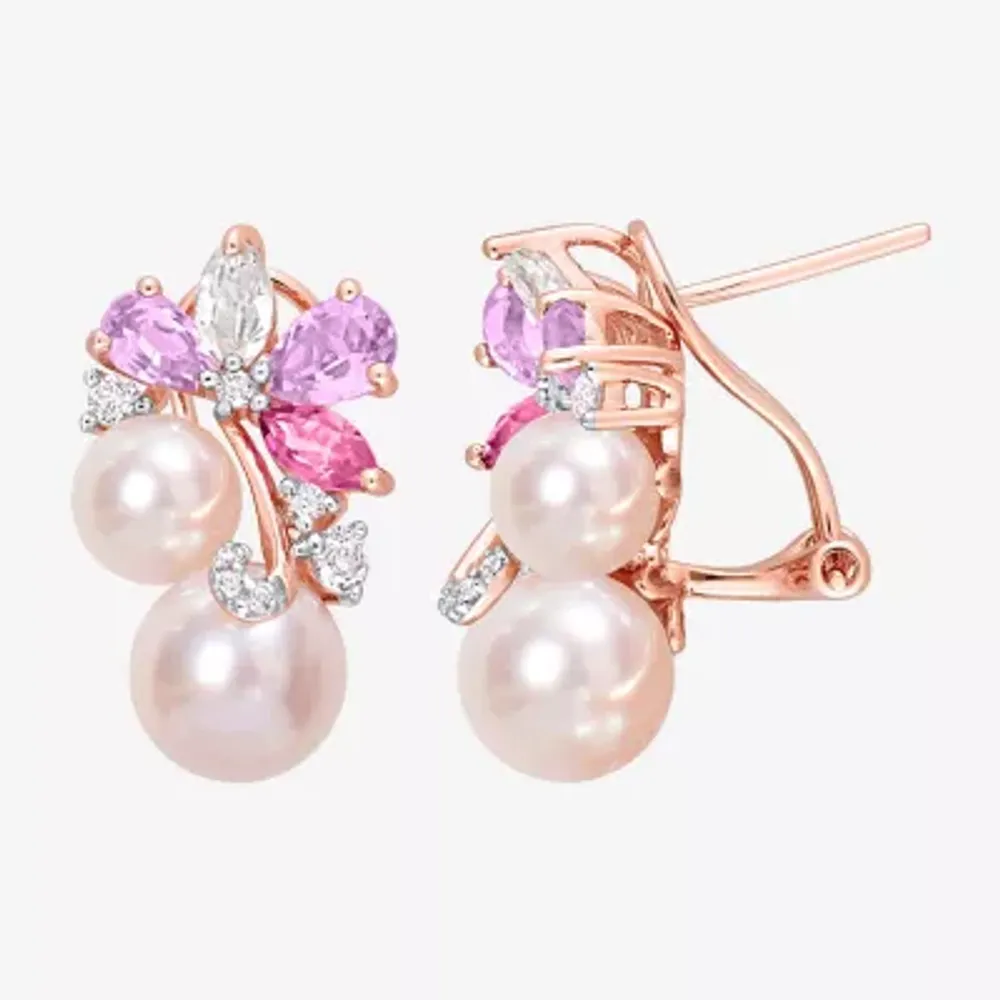Womens Pink Cultured Freshwater Pearl 18K Rose Gold Over Silver Flower Drop Earrings