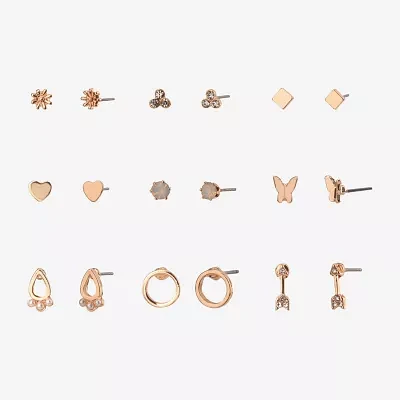 Arizona Gold Tone Stud Womens Butterfly Flower 9 Pair Earring Set