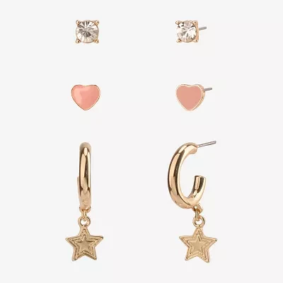 Arizona Gold Tone Stud And Huggie Womens Heart Star 3 Pair Earring Set