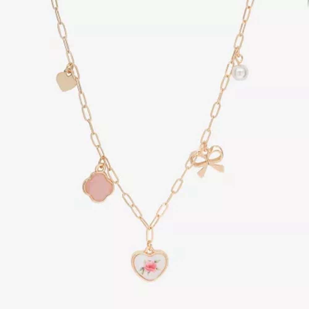 Bijoux Bar Delicates Gold Tone Womens Simulated Pearl Bow Clover Flower 16 Inch Pendant Necklace