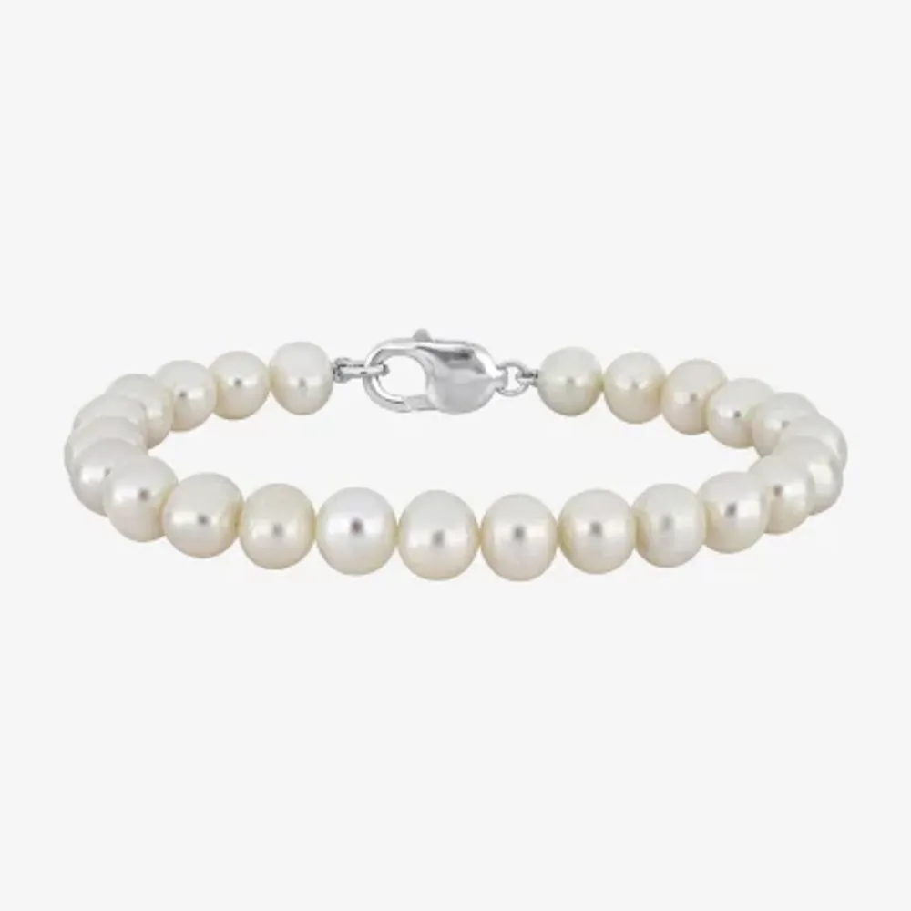 Mens Dyed White Cultured Freshwater Pearl Sterling Silver Strand Bracelet