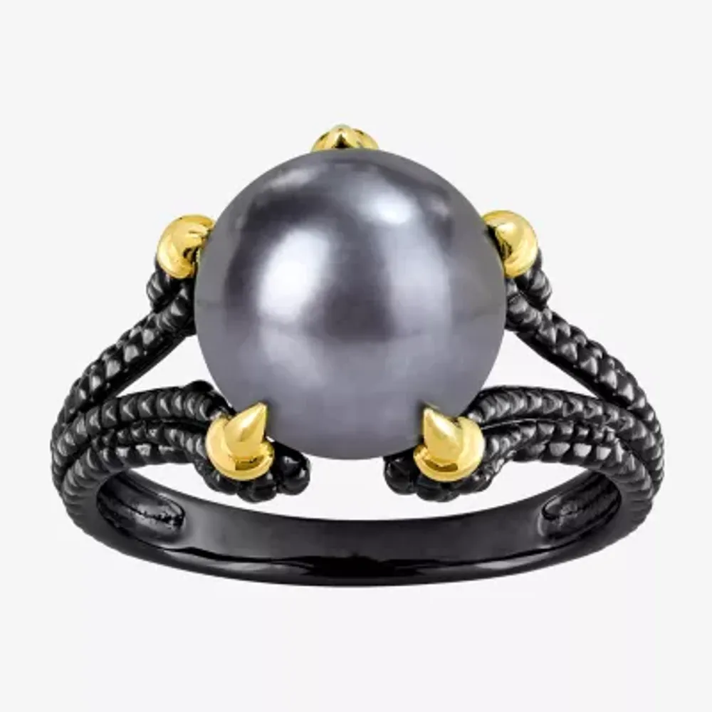 Mens 10-11MM Dyed Cultured Freshwater Pearl 18K Gold Over Silver Solitaire Fashion Ring