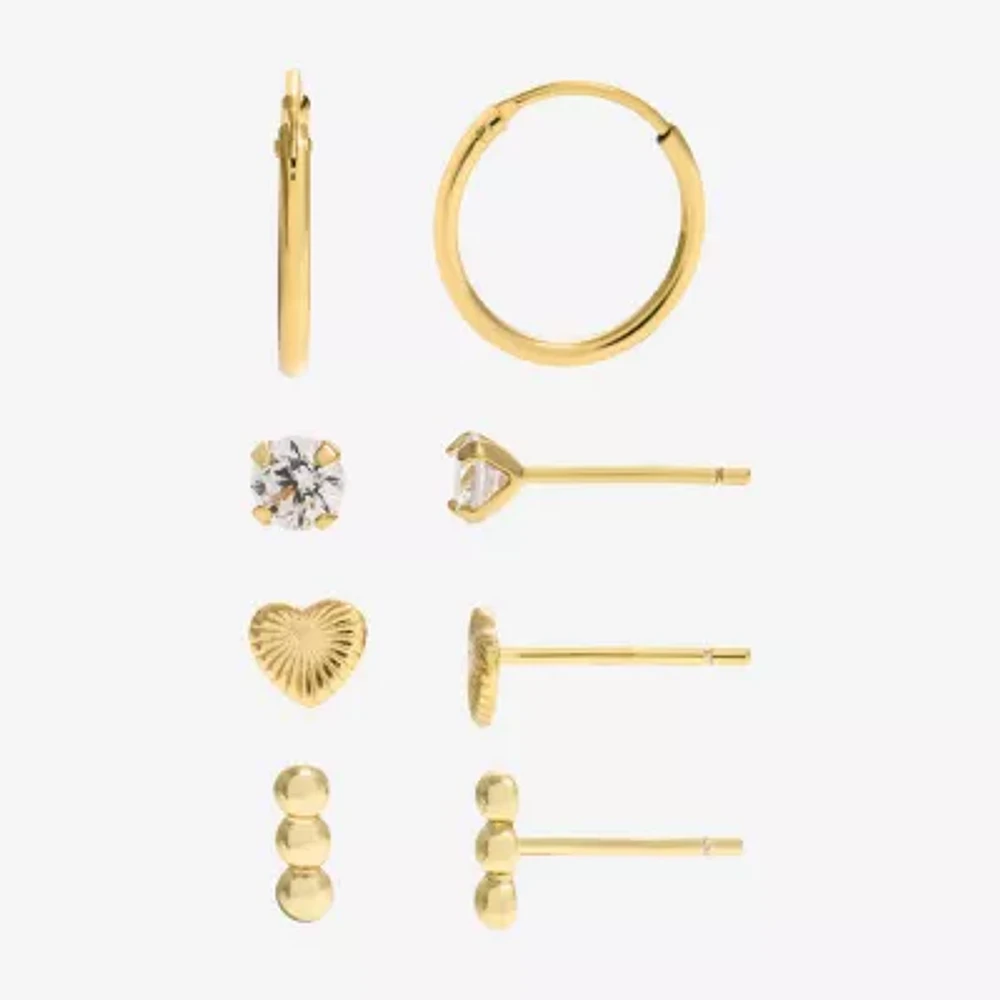 Silver Treasures Womens Cubic Zirconia 14K Gold Over Silver Heart Hypoallergenic 4 Pair Earring Set