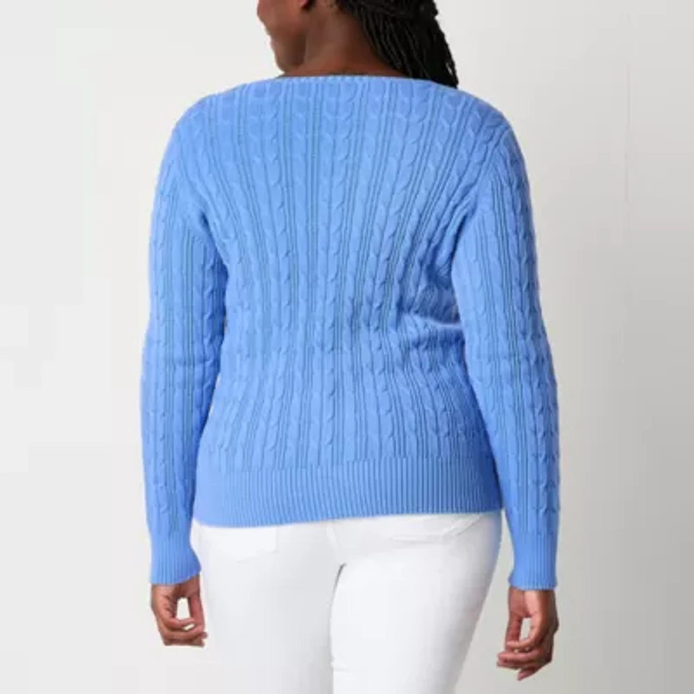 St. John's Bay Womens V Neck Long Sleeve Cable Knit Pullover Sweater