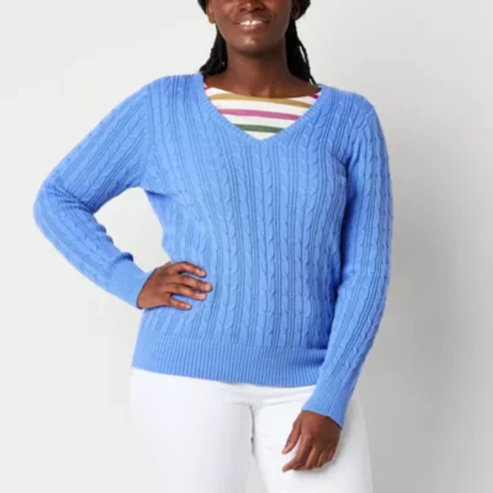 St. John's Bay Womens V Neck Long Sleeve Cable Knit Pullover Sweater