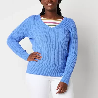 St. John's Bay Womens V Neck Long Sleeve Cable Knit Pullover Sweater