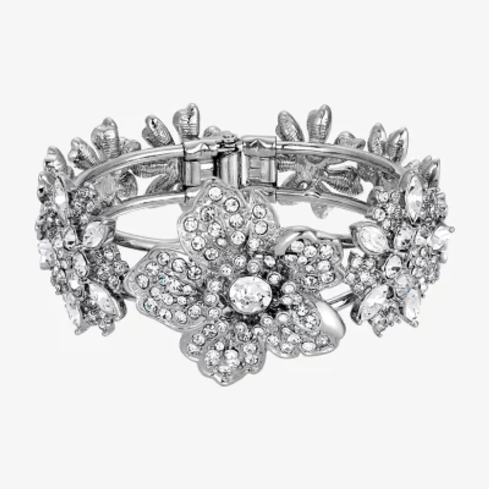 1928 Silver-Tone Womens Crystal Cuff Bracelet