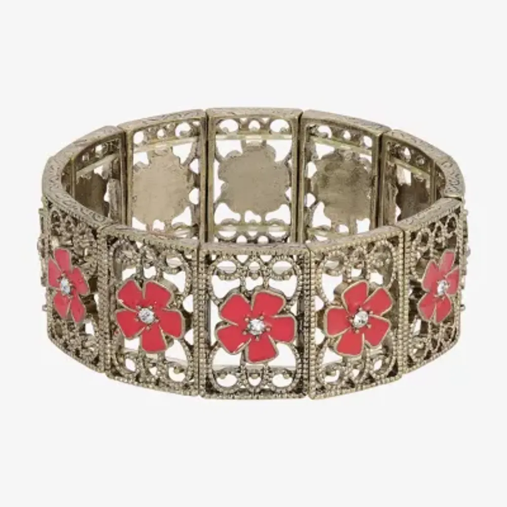 1928 Gold-Tone Womens Crystal Flower Stretch Bracelet