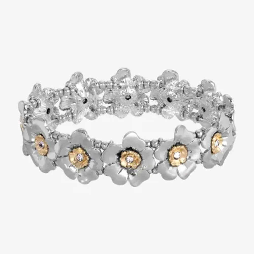 1928 Two-Tone Womens Crystal Flower Stretch Bracelet