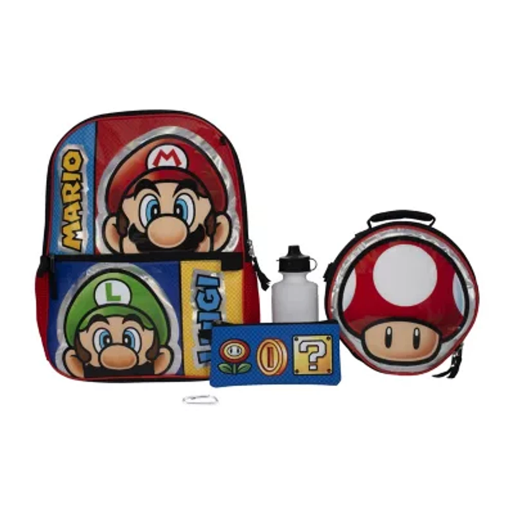 Licensed 5 Piece Super Mario Backpack Set with Character Lunch Bag