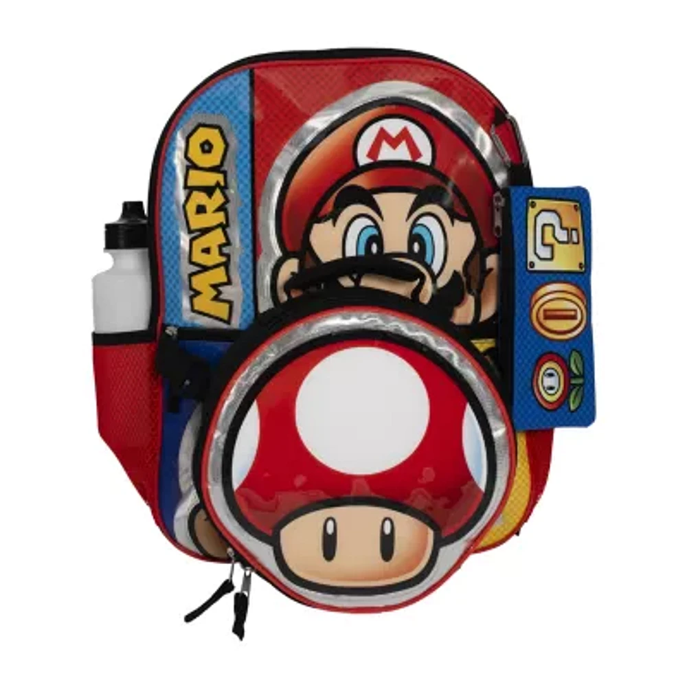 Licensed 5 Piece Super Mario Backpack Set with Character Lunch Bag