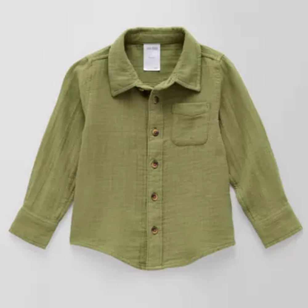 Okie Dokie Toddler & Little Boys Crew Neck Long Sleeve Fitted Regular Fit Button-Down Shirt
