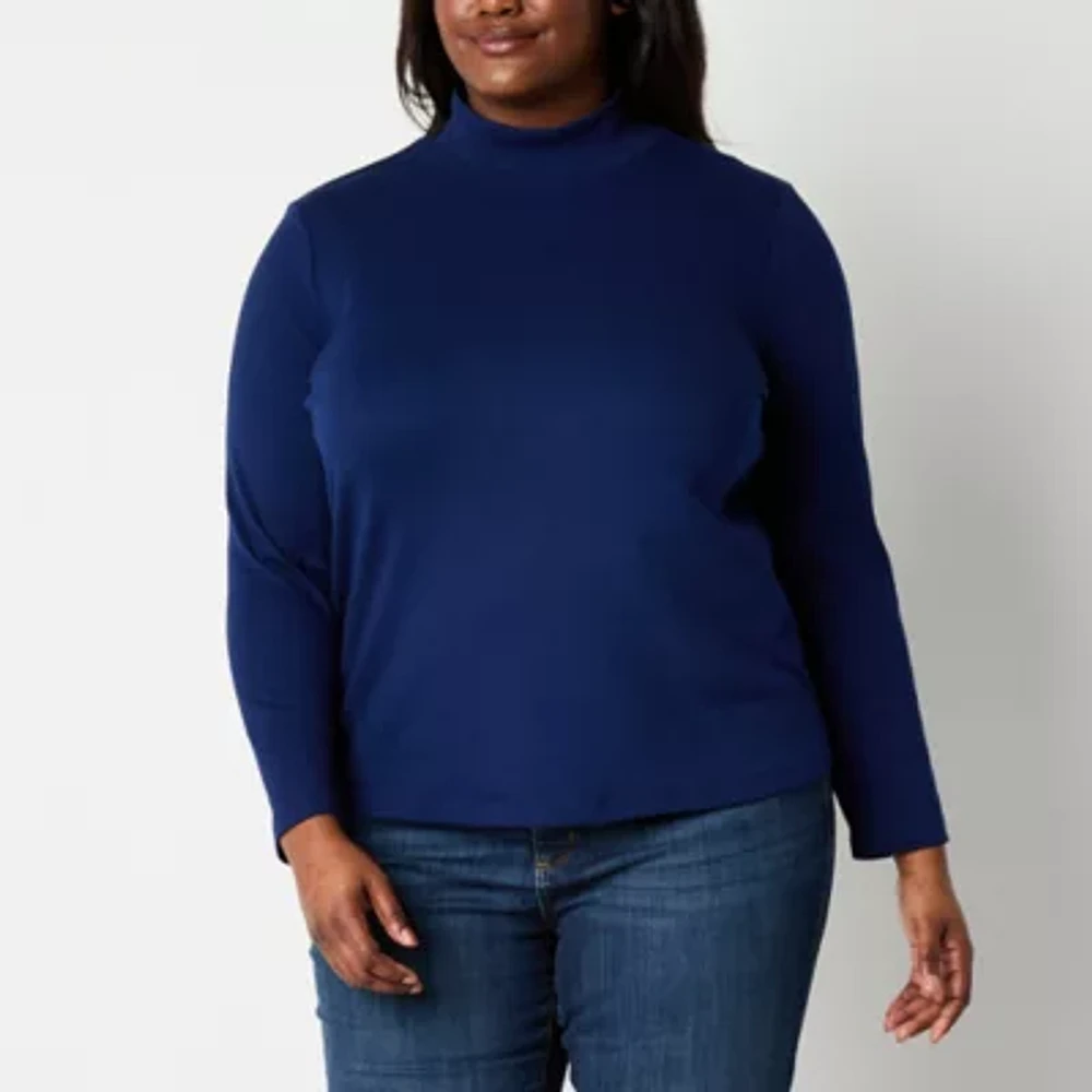 St. John's Bay Womens Mock Neck Long Sleeve Plus T-Shirt