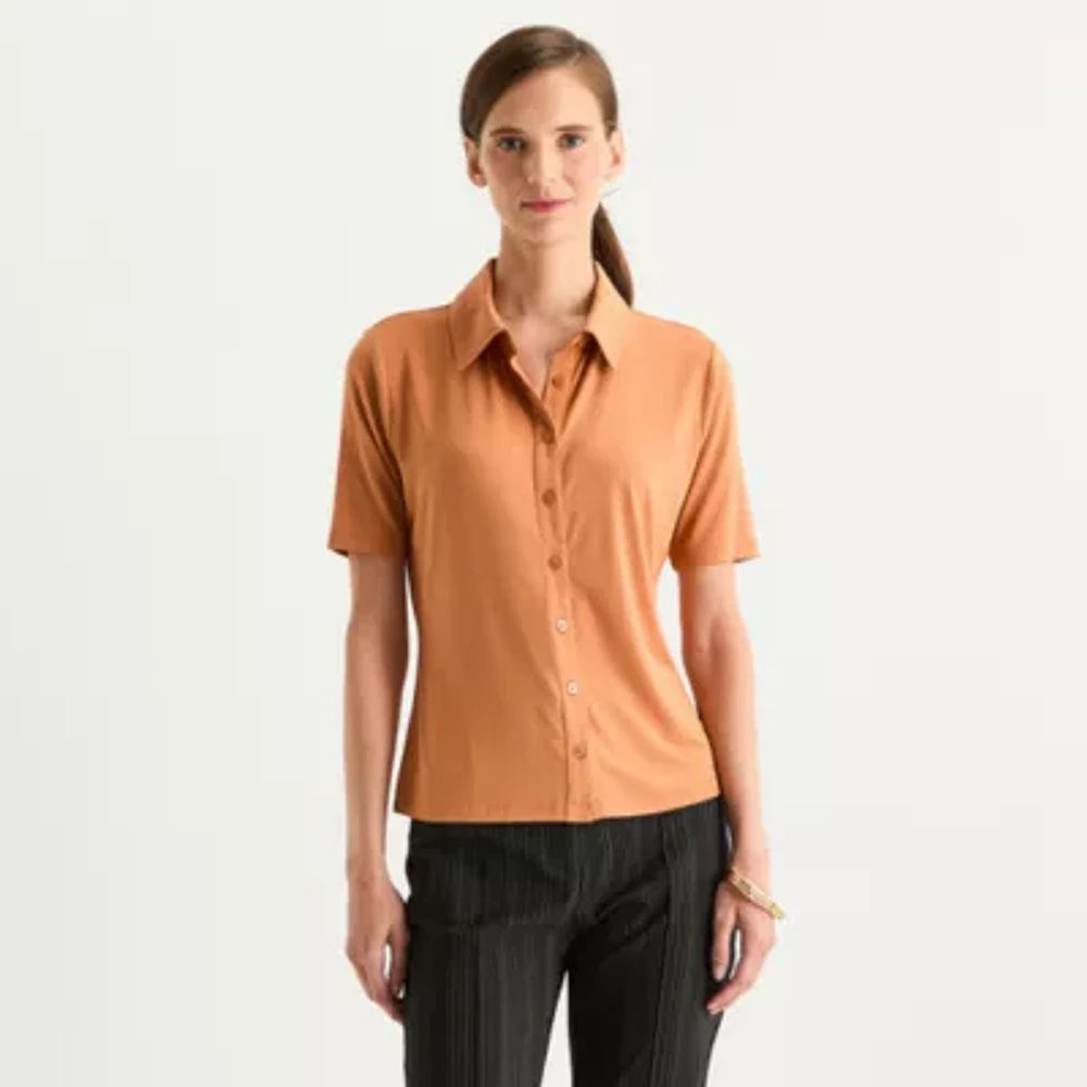 Worthington Womens Short Sleeve Fitted Regular Fit Button-Down Shirt