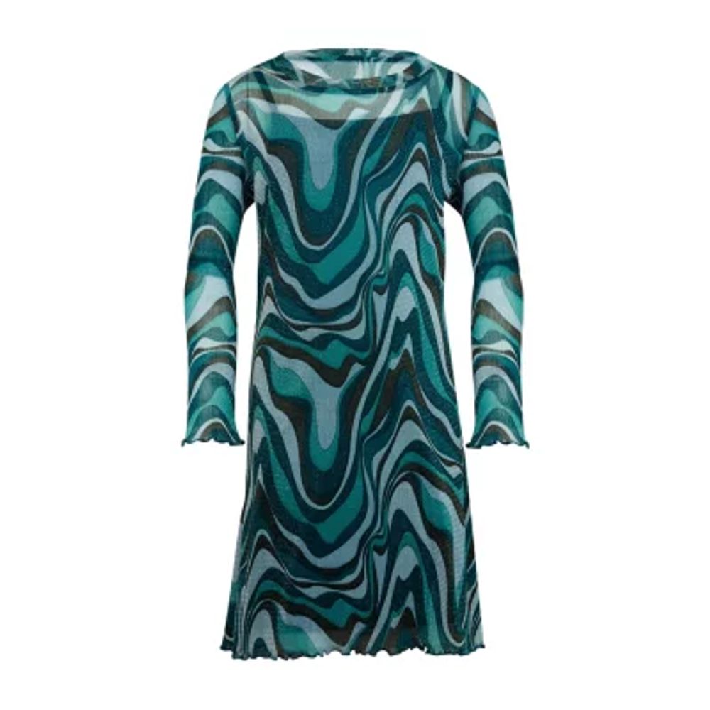 Knit Works Little & Big Kid Girls Power Mesh Long Sleeve Fitted Sleeve A-Line Dress