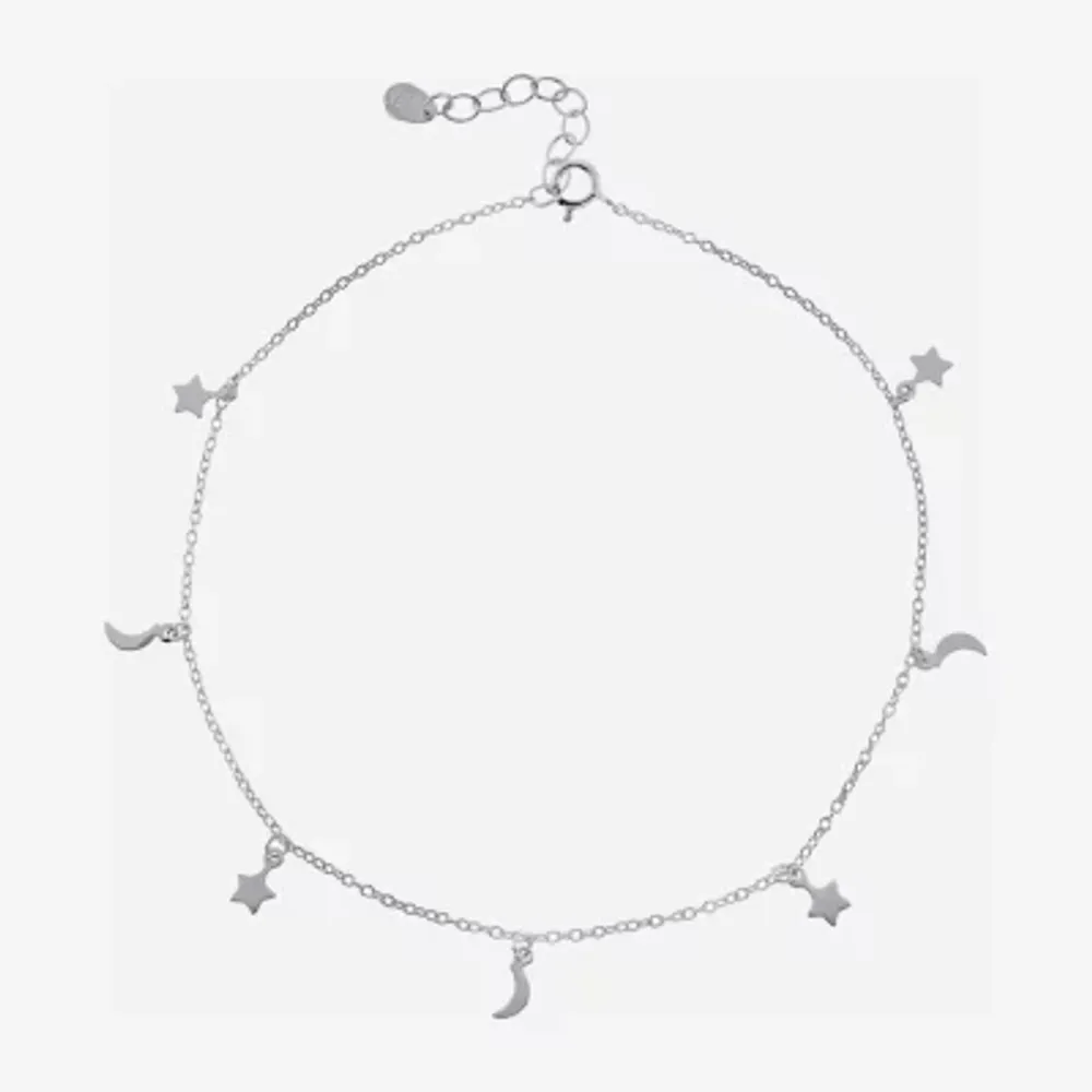 Silver Treasures Womens Sterling Silver Semisolid Cable Moon Star Ankle Bracelet
