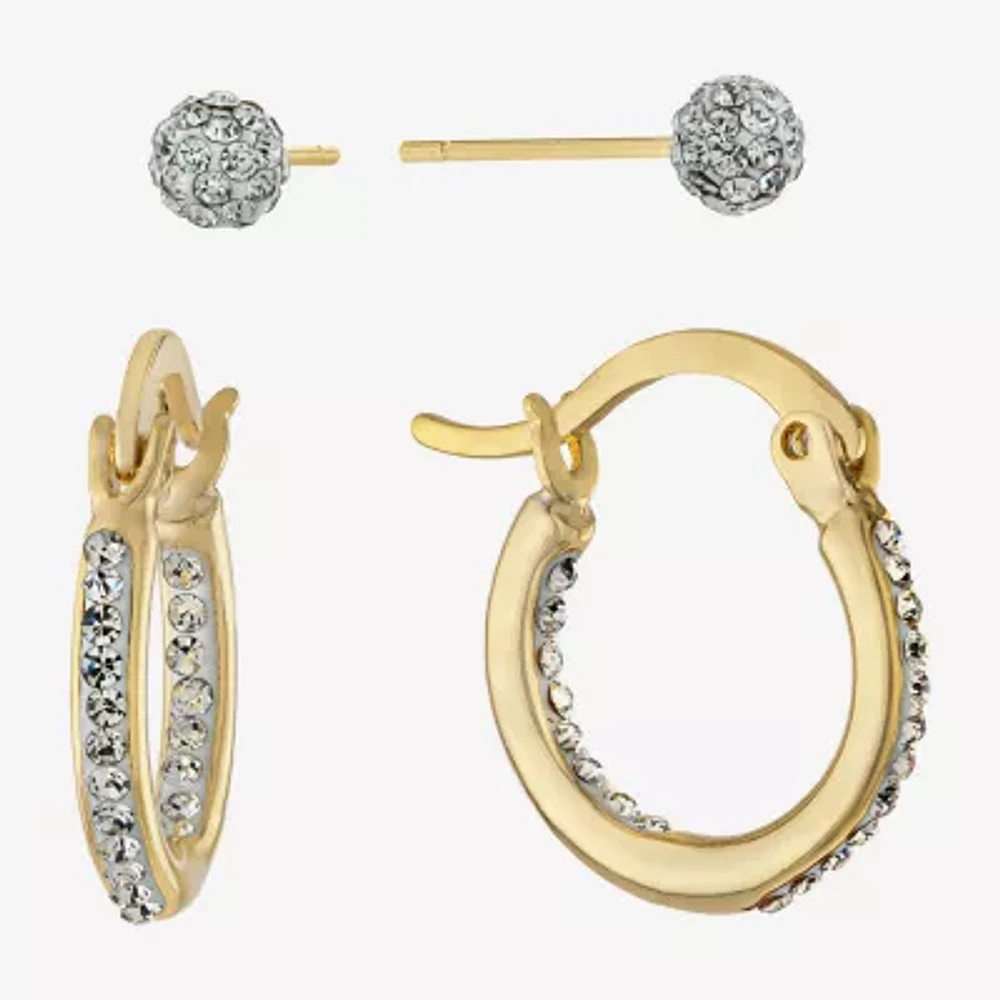 Sparkle Allure Stud & Huggie Hoop Womens Crystal 24K Gold Over Brass 2 Pair Earring Set