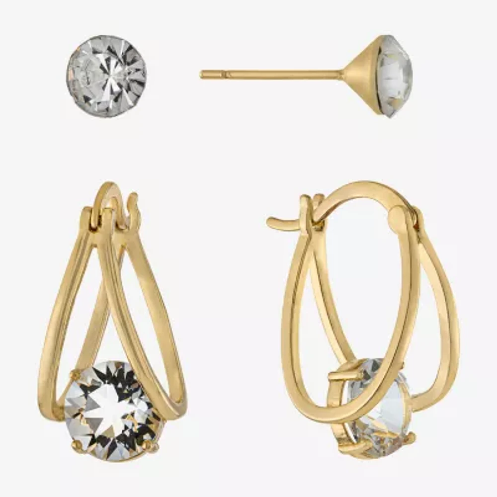 Sparkle Allure Stud & Hoop Womens Crystal 24K Gold Over Brass 2 Pair Earring Set