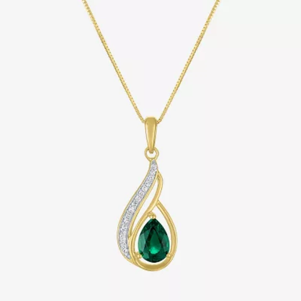 Womens Diamond Accent Lab Created Green Emerald 10K Gold Pear 18 Inch Pendant Necklace