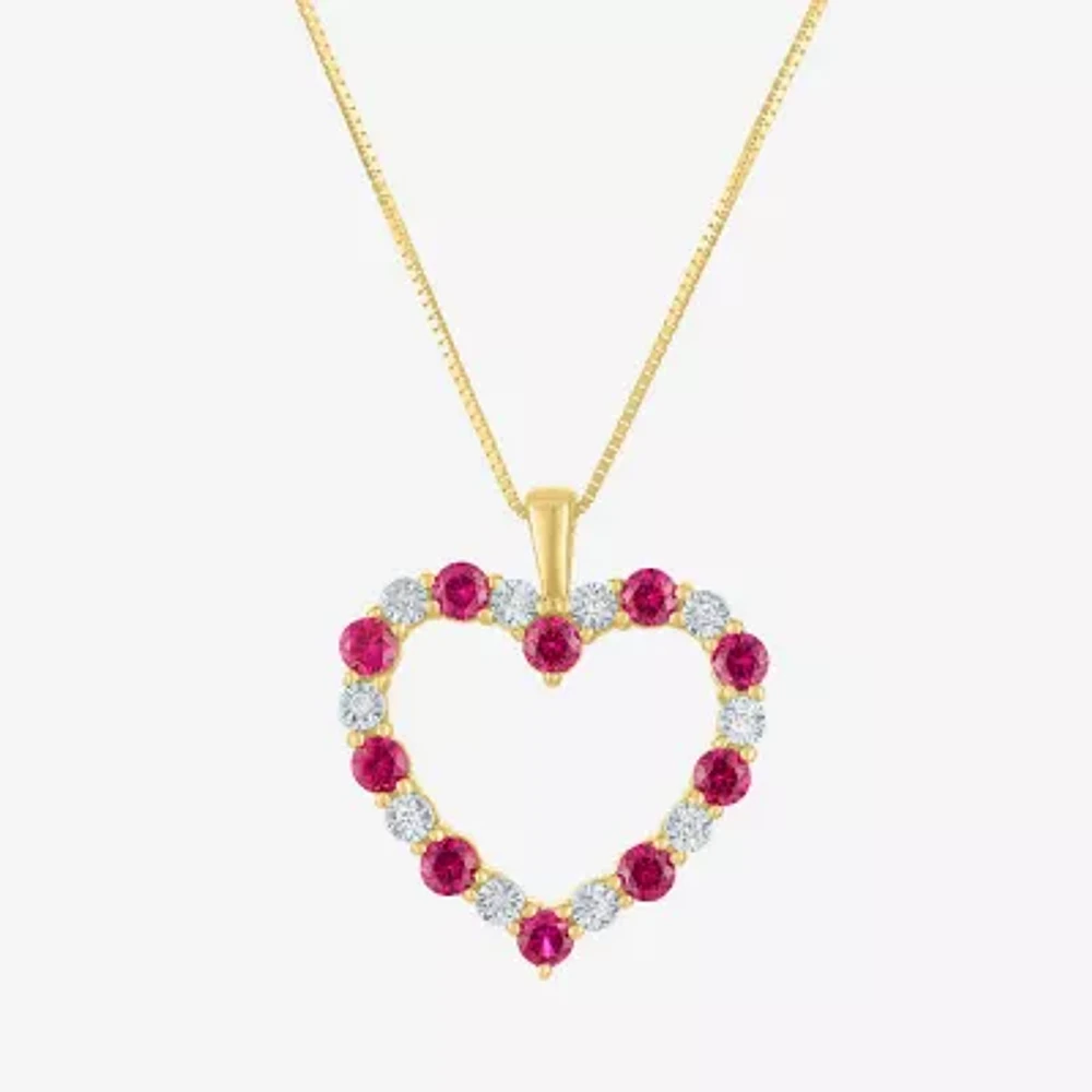 Womens Diamond Accent Lab Created Red Ruby 10K Gold Heart 18 Inch Pendant Necklace