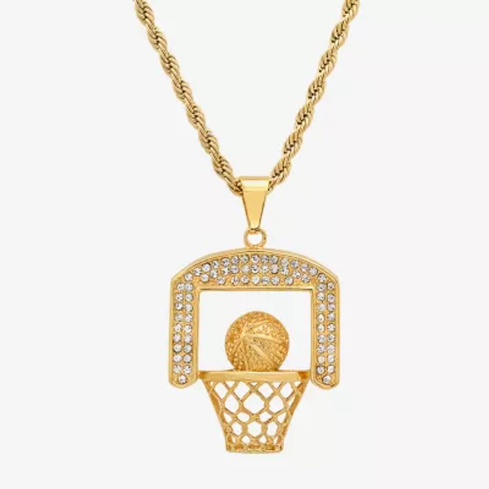 Steeltime Mens Crystal 18K Gold Over Stainless Steel Hypoallergenic 24 Inch Pendant Necklace