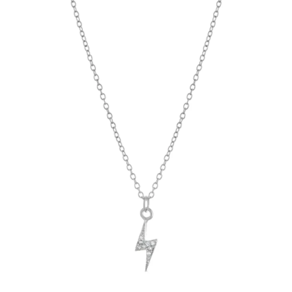 Silver Treasures Womens Cubic Zirconia Sterling Silver LIghtning Bolt 16 Inch Pendant Necklace
