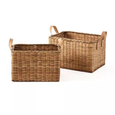 Baum Rattan Rectangular Decorative Basket with Faux Leather Handles