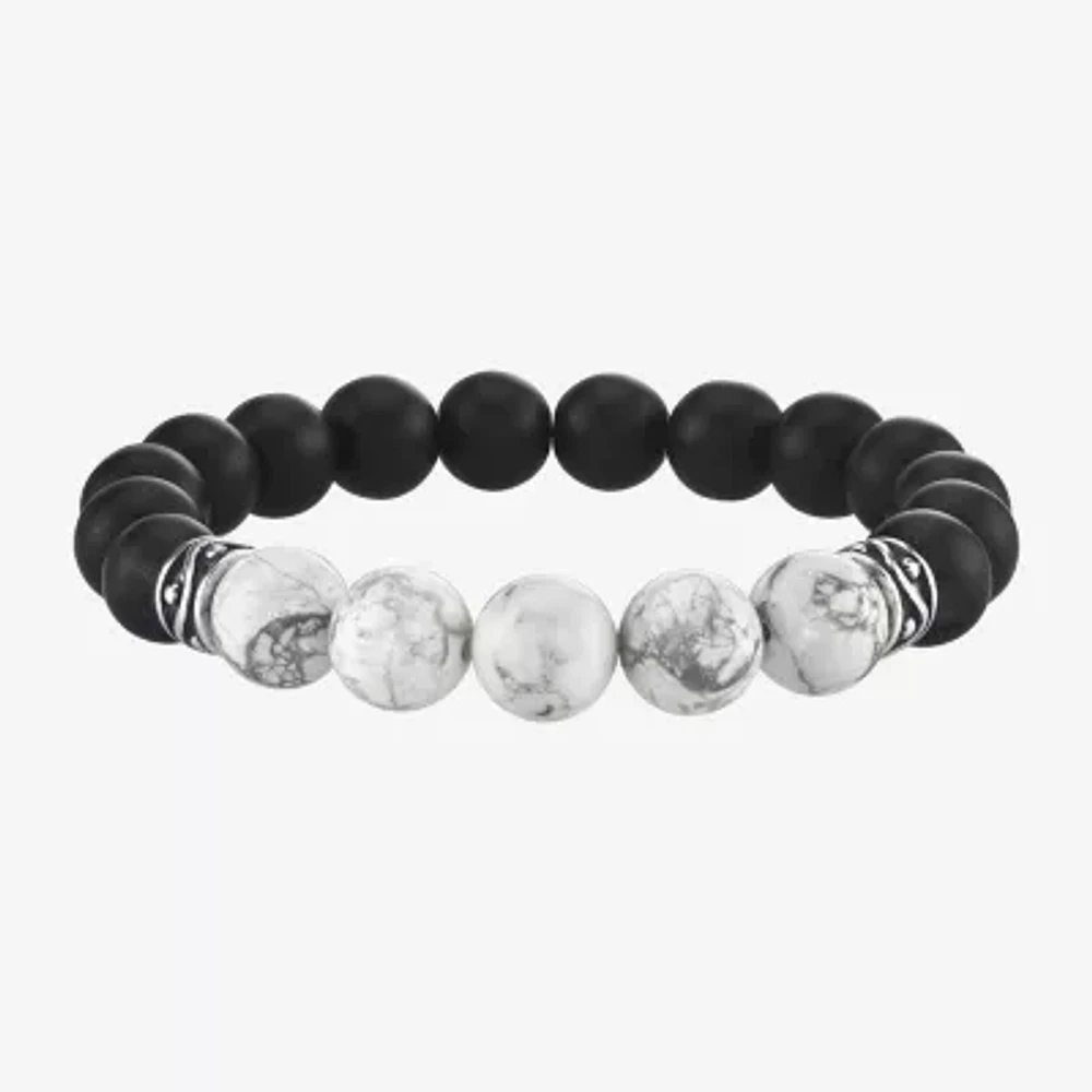 Mens Black Agate Sterling Silver Beaded Bracelet