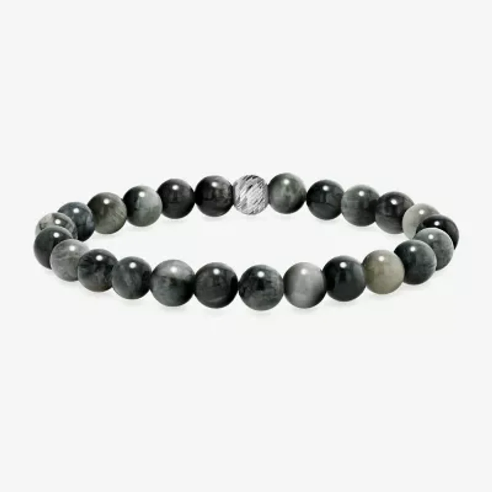 Mens Gray Agate Sterling Silver Beaded Bracelet