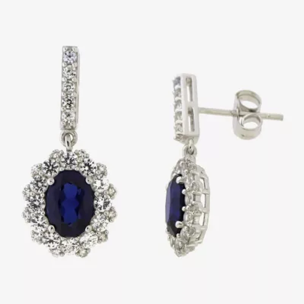 Womens Lab Created Blue Sapphire Sterling Silver Oval Drop Earrings