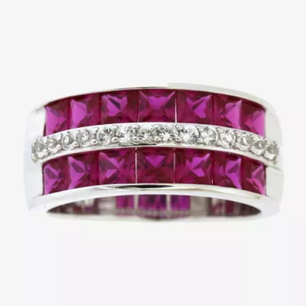 Womens 5MM Lab Created Red Ruby Sterling Silver Band