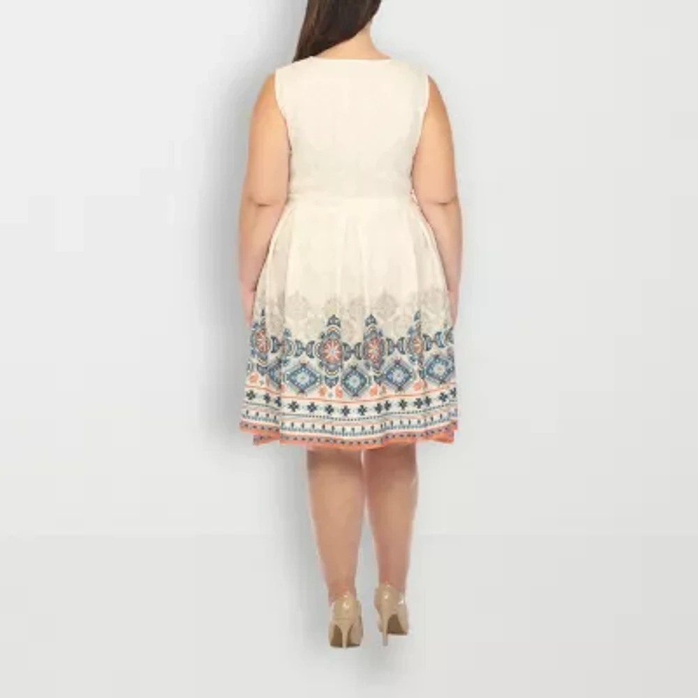 White Mark Womens Sleeveless Paisley Plus Fit + Flare Dress