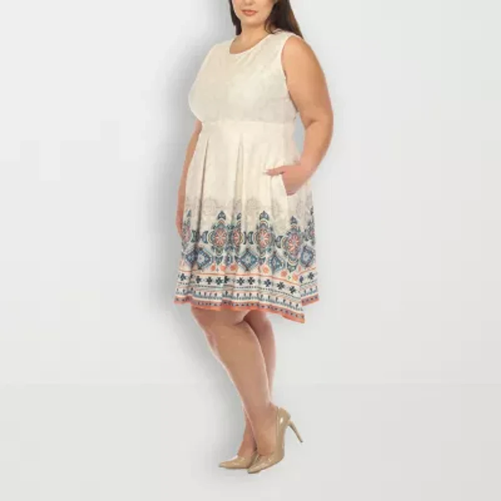White Mark Womens Sleeveless Paisley Plus Fit + Flare Dress