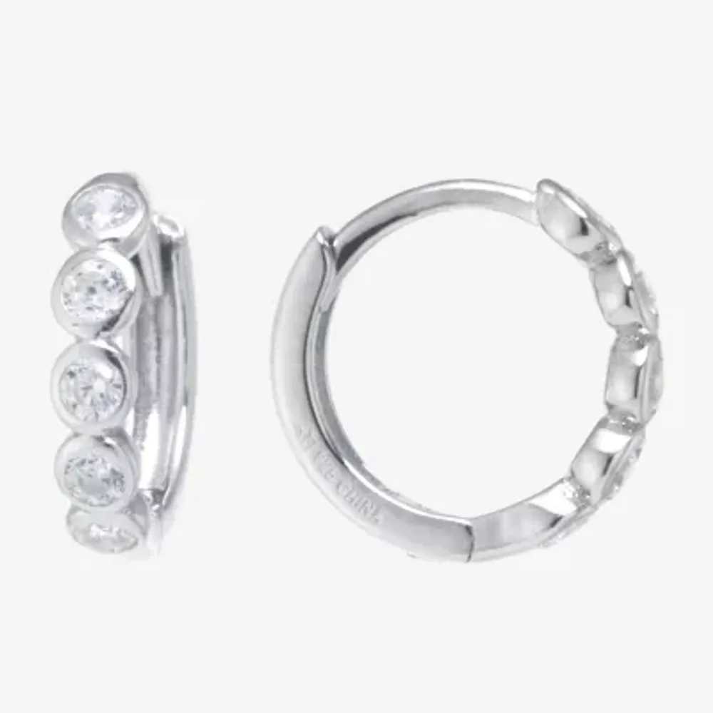 Silver Treasures Womens Cubic Zirconia Sterling Silver 11.5mm Hoop Earrings