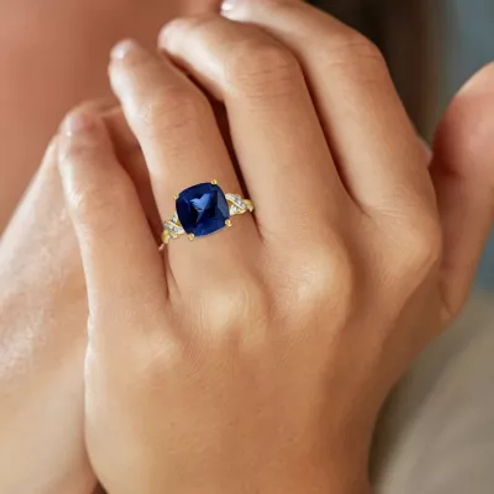 Womens Diamond Accent Gemstone 10K Gold Side Stone Cushion Cocktail Ring