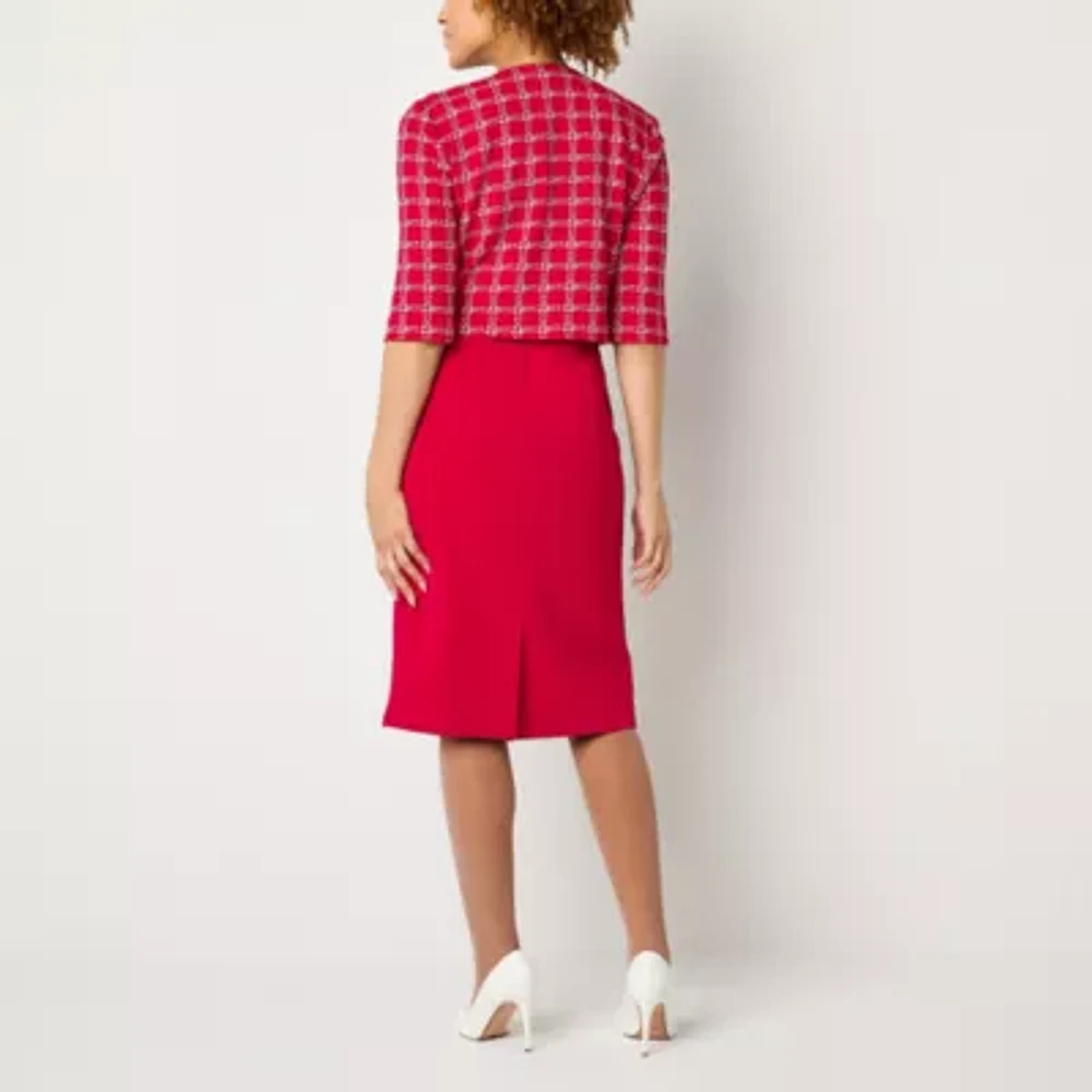 Maya Brooke Womens Pearl Trim Grid Jacket Dress