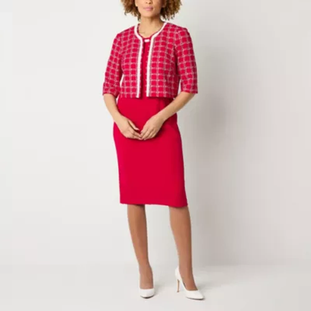 Maya Brooke Womens Pearl Trim Grid Jacket Dress