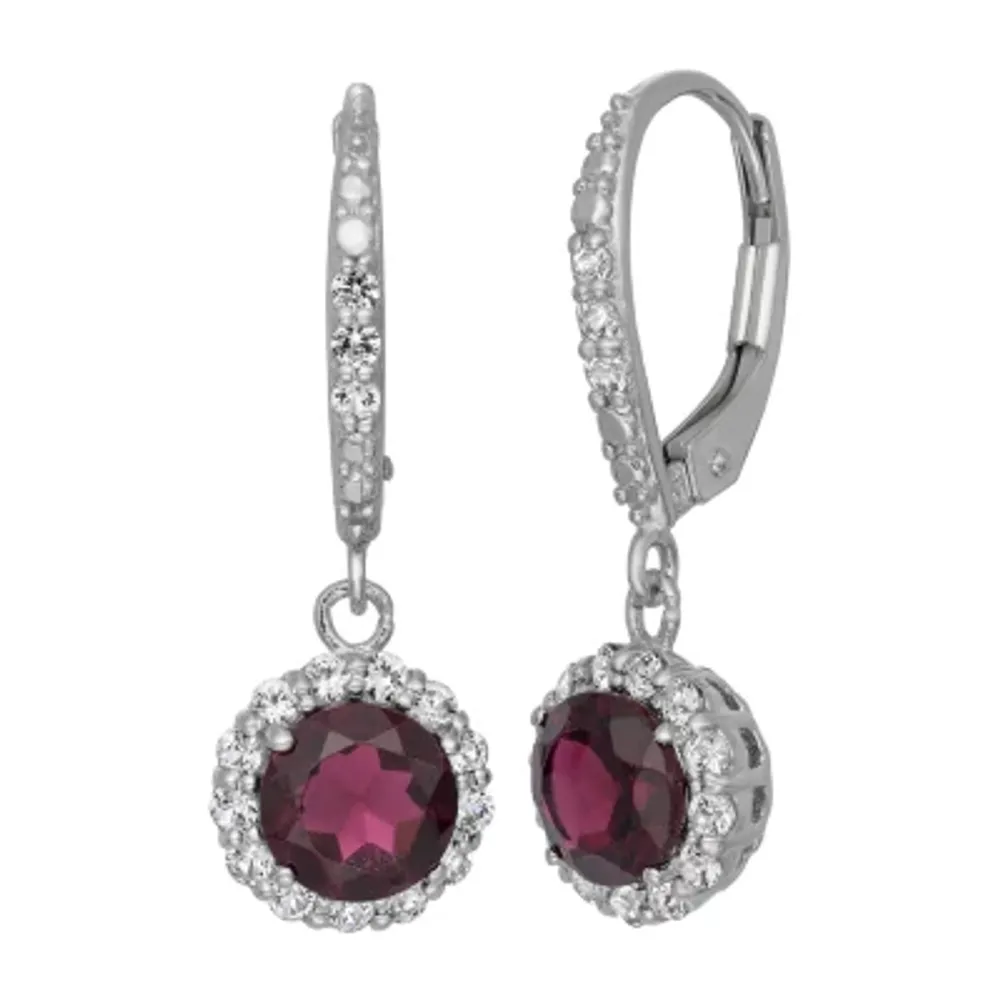 Womens Genuine Red Garnet Sterling Silver Round Drop Earrings