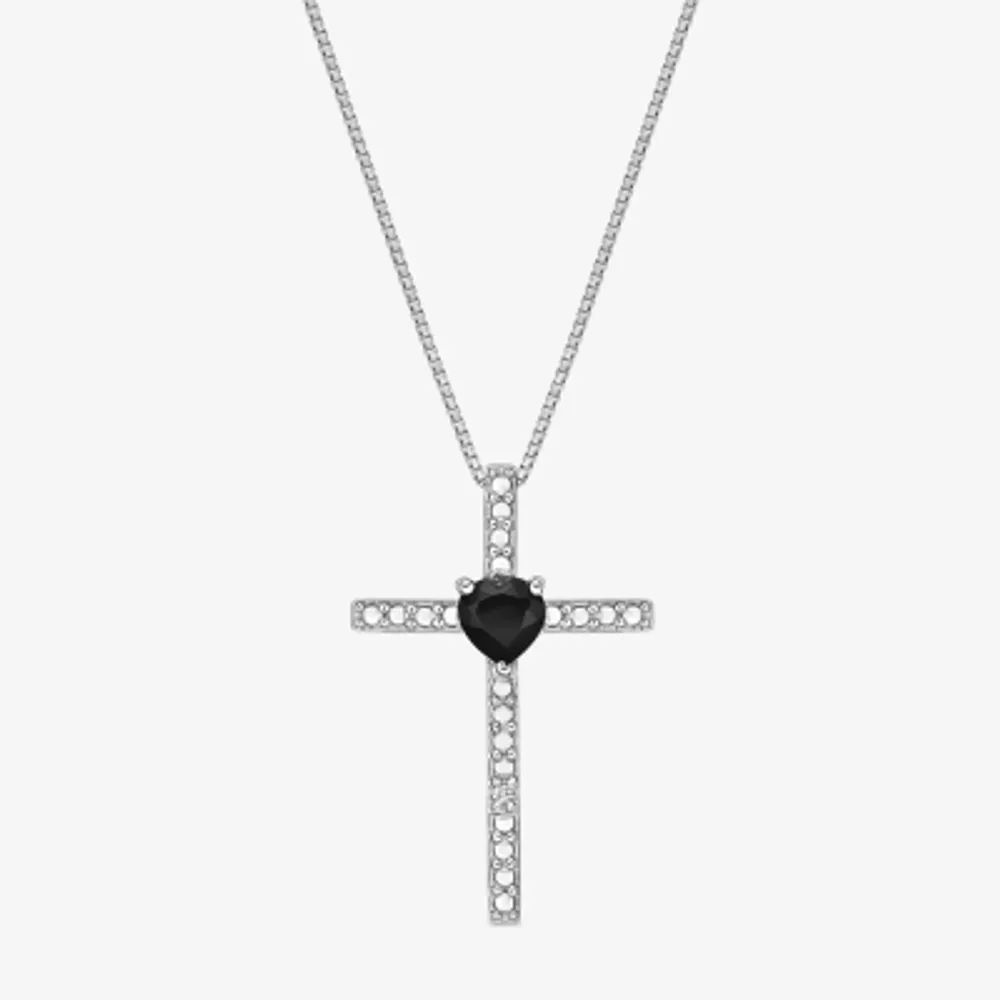Womens Diamond Accent Genuine Black Onyx Sterling Silver Cross 18 Inch Pendant Necklace