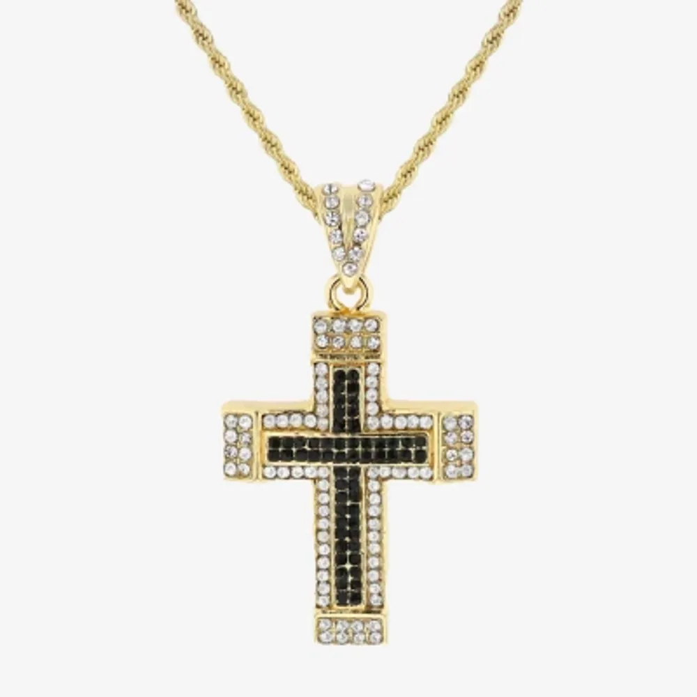 Mens Multi Color Cubic Zirconia Stainless Steel Cross 26 Inch Pendant Necklace